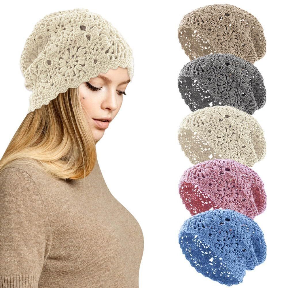 2978 5Pcs Crochet Slouchy Beanie Hat Fall Handmade Knit Floral Skull Cap